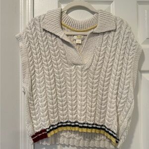 Maeve Cream Cable-Knit V-Neck Sweater Vest with Stripe Trim